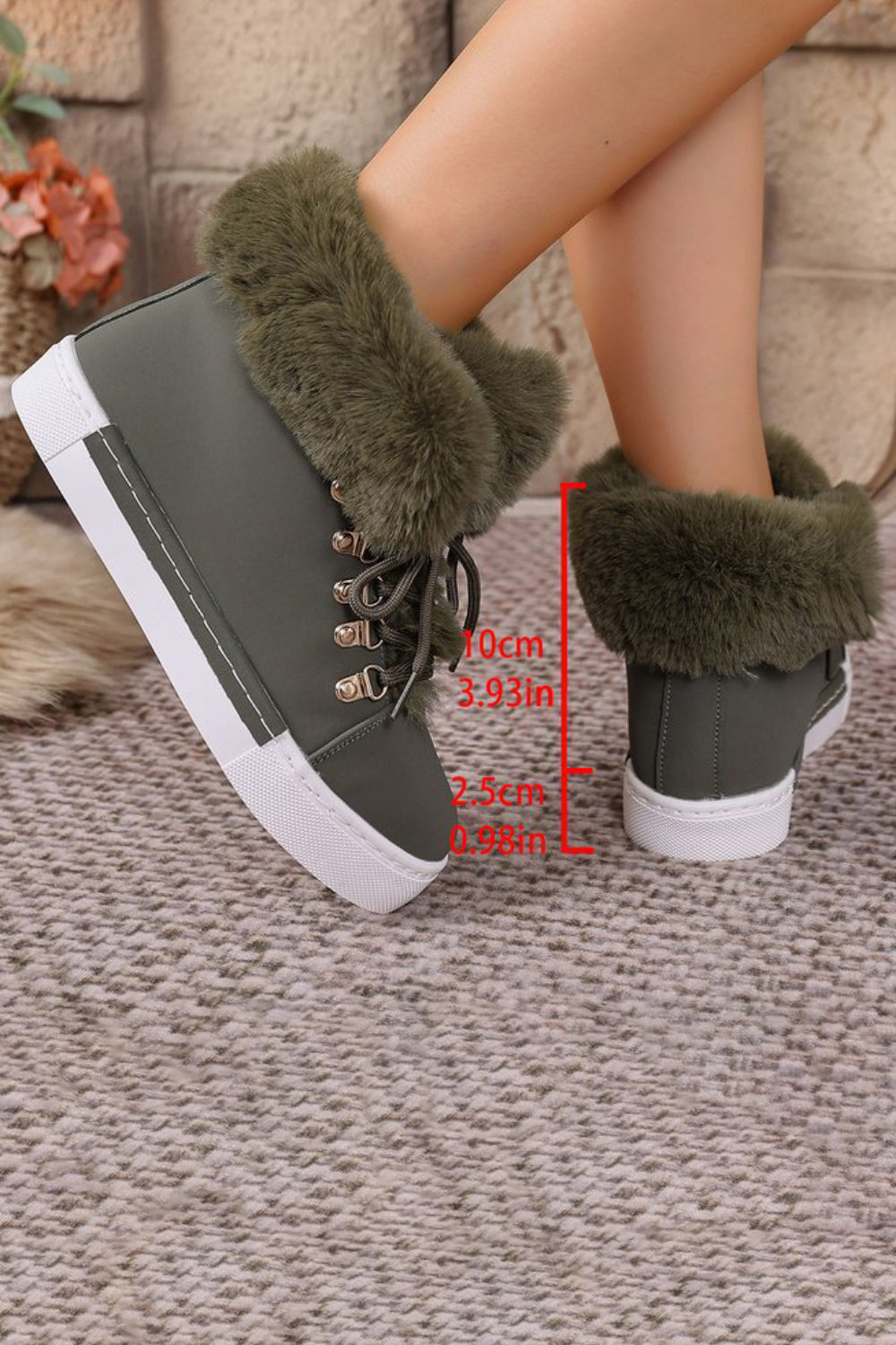 Daily Green Fuzzy Plush Lined Faux Fur Lace Up Round Toe Ankle Boots