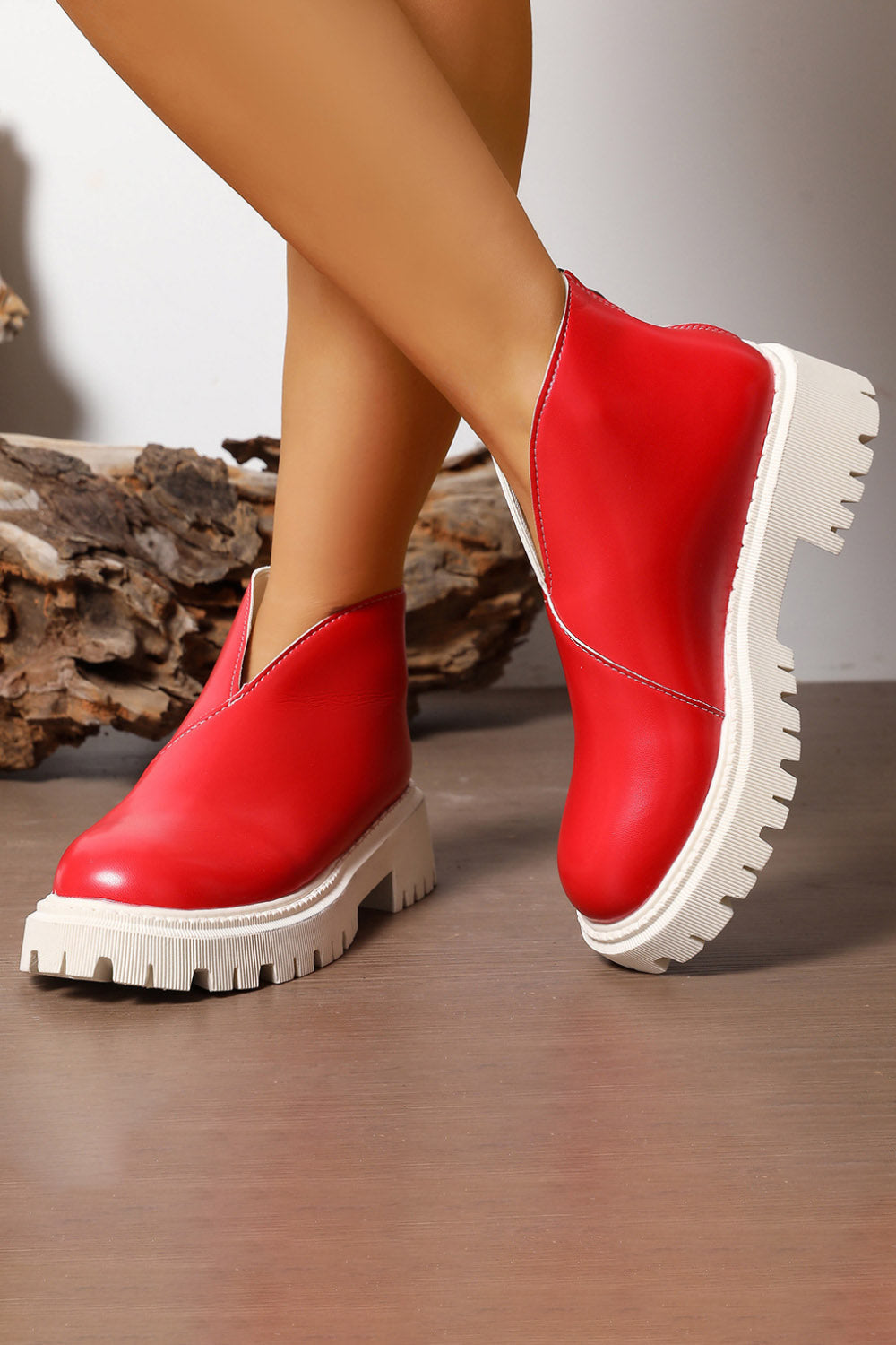 Platform V Cut Round Toe Back Zipper Ankle Boots