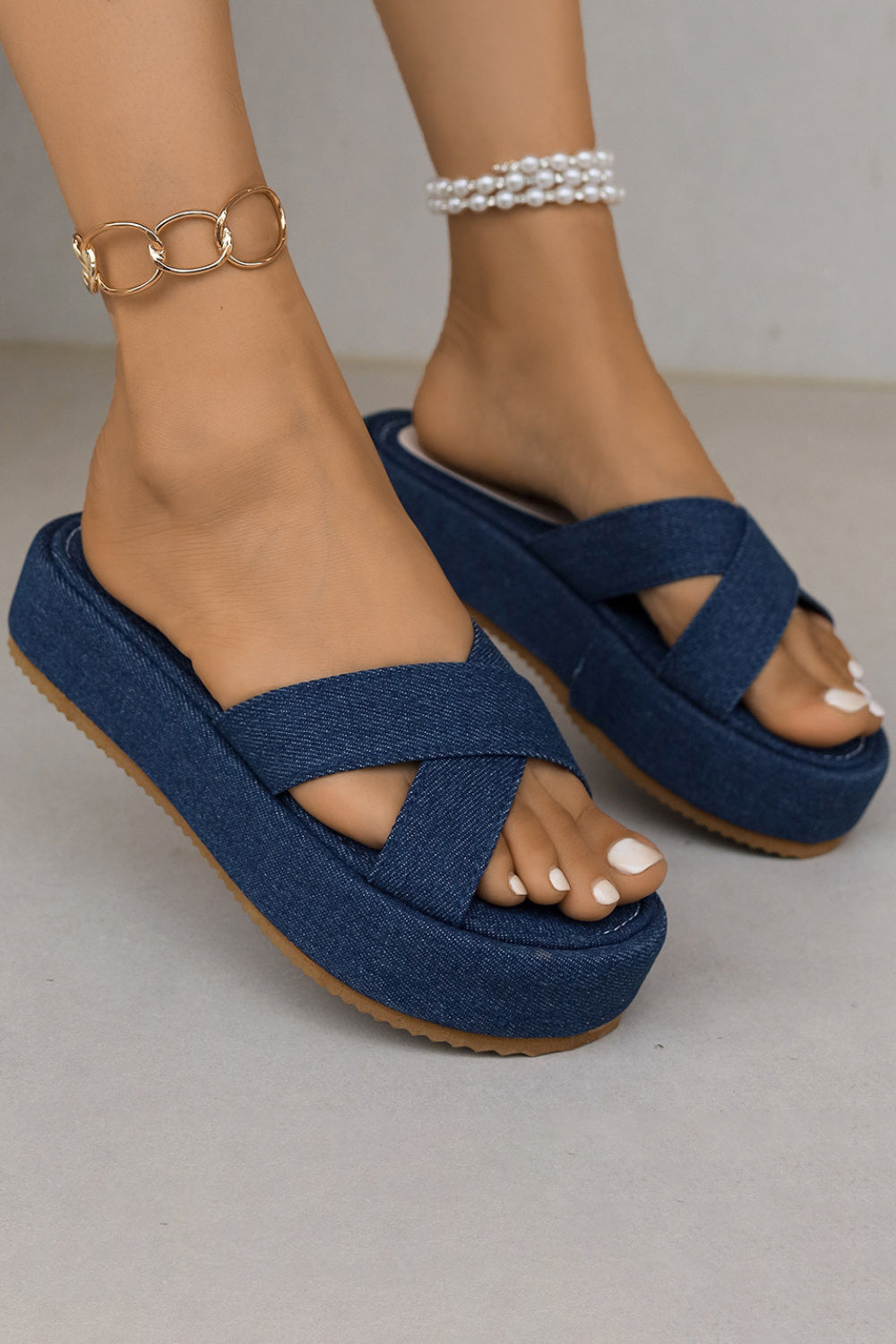 Daily Plain Platform Denim Double Straps Round Toe Slippers
