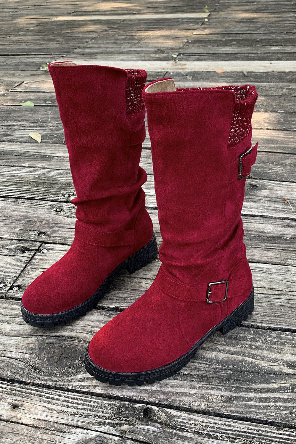Retro Solid Color Round Toe Thick Heel Belt Buckle Suede Boots