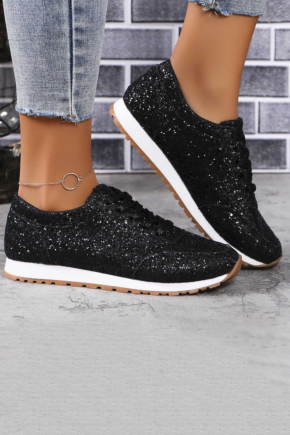 Casual Fashion Sequins Glitter Lace Up Running Shoes Sneakers