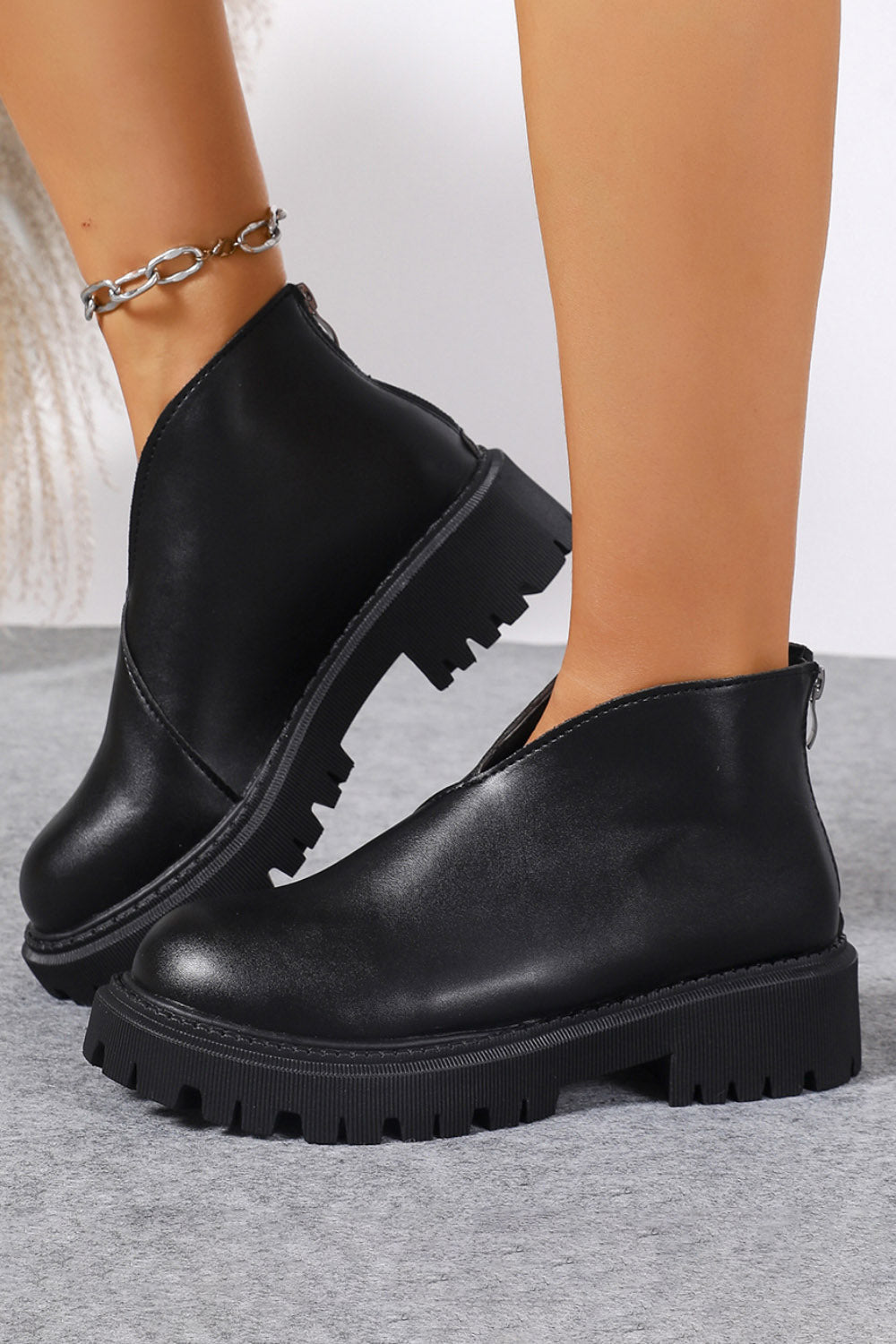 Platform V Cut Round Toe Back Zipper Ankle Boots