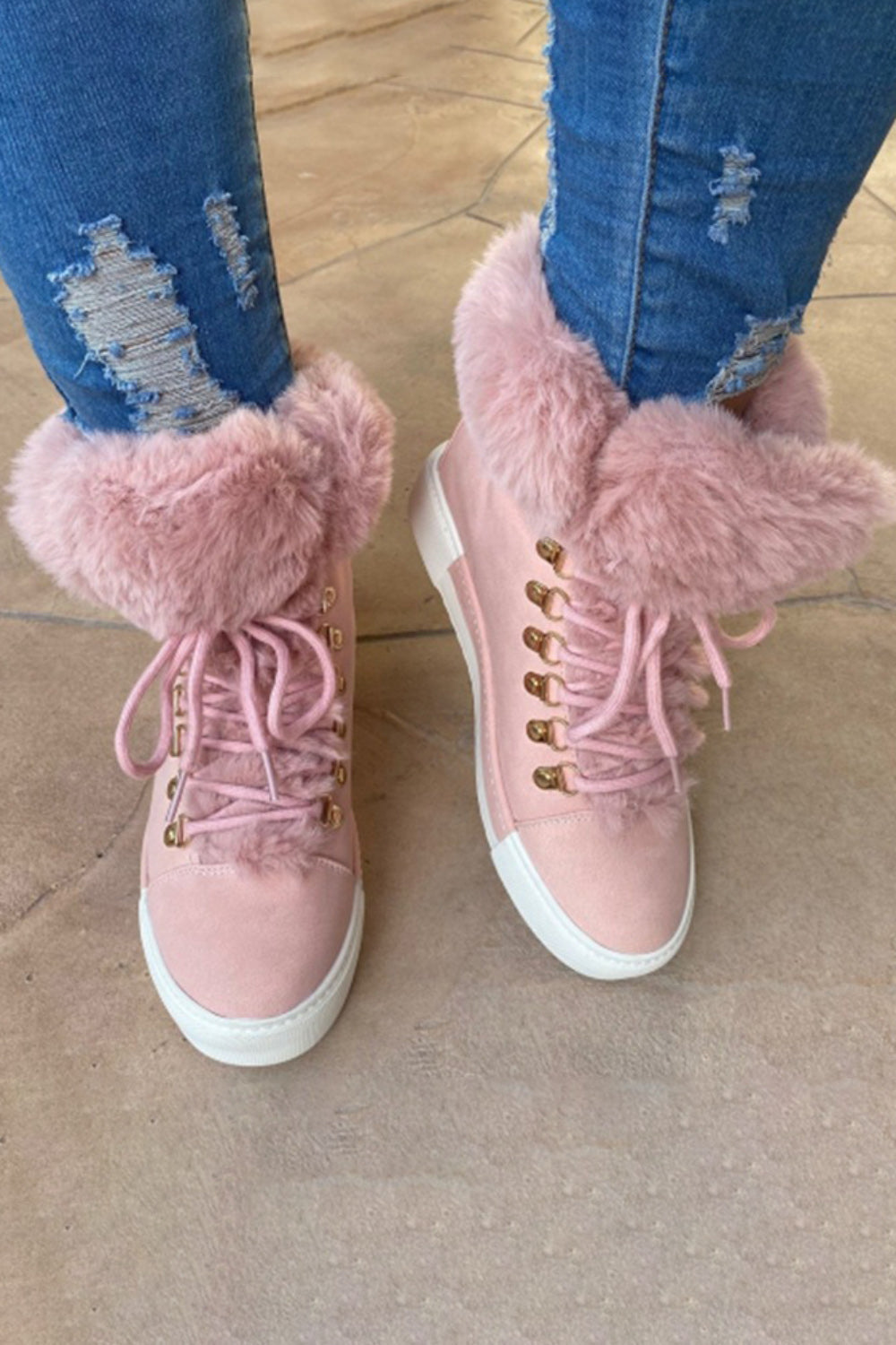 Daily Green Fuzzy Plush Lined Faux Fur Lace Up Round Toe Ankle Boots