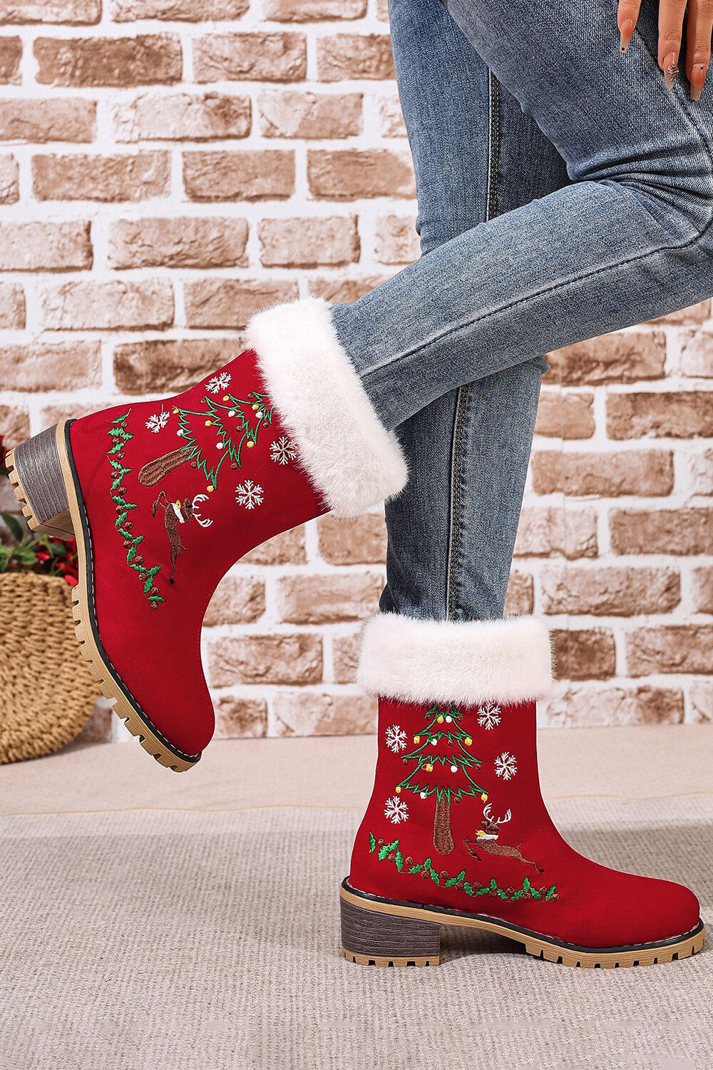 Christmas Red Reindeer Snowflake Tree Pattern Thick Heel Boots