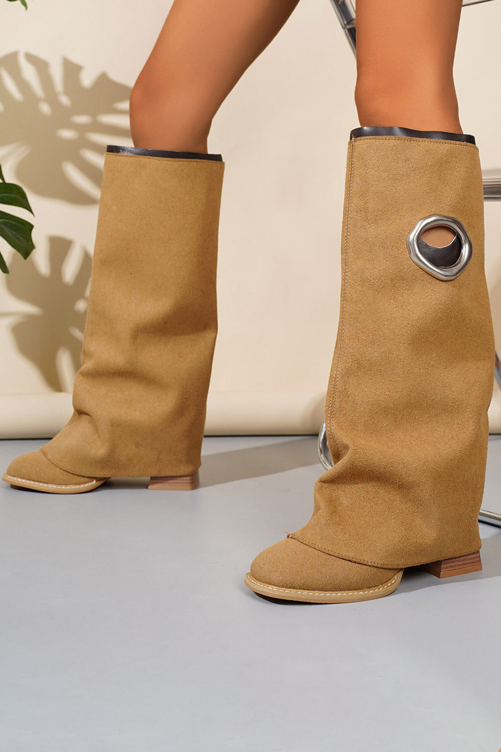 Metallic Eyelet Slouchy Round Toe Fold Block Heel Knee High Boots