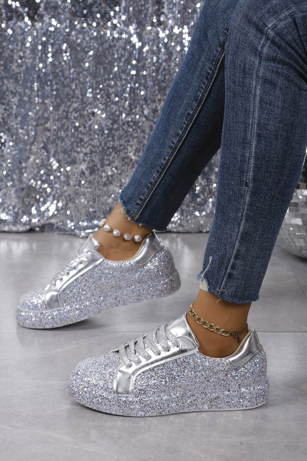 Daily Black Sparkly Sequin Lace-Up Casual Shoes