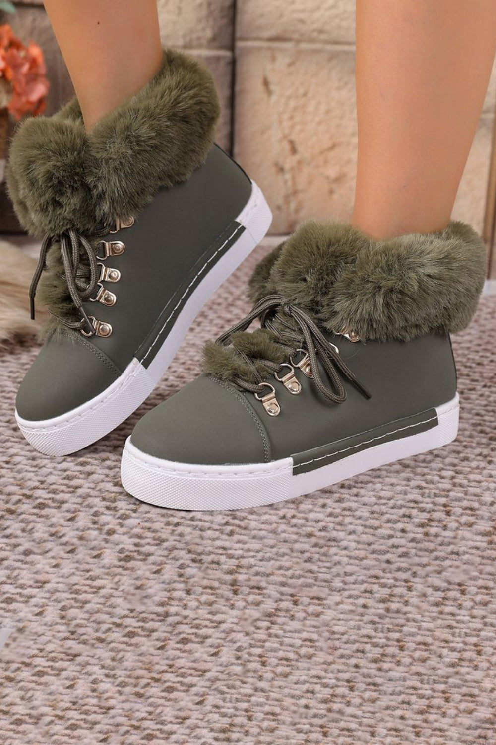 Daily Green Fuzzy Plush Lined Faux Fur Lace Up Round Toe Ankle Boots