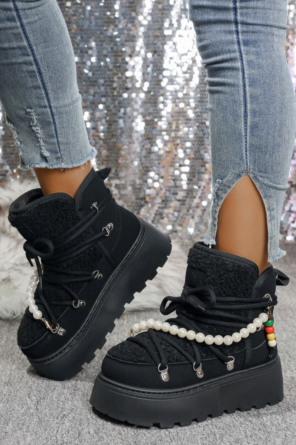 Daily Black Faux Fur Pearl Beads Strap Lace Up Platform Round Toe Boots