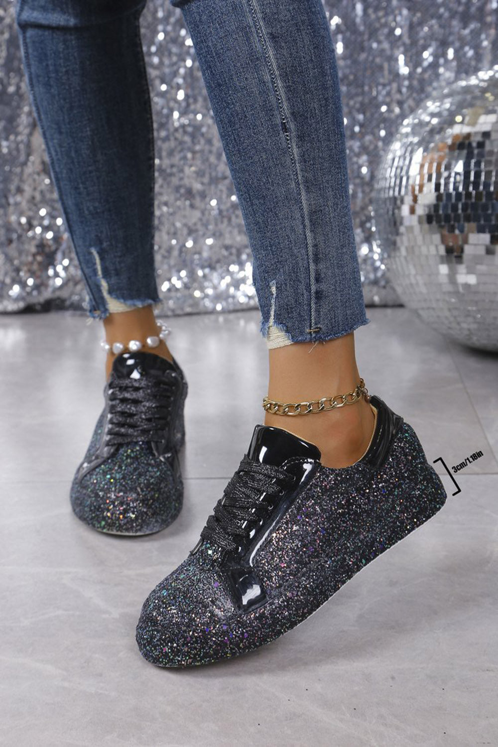 Daily Black Sparkly Sequin Lace-Up Casual Shoes
