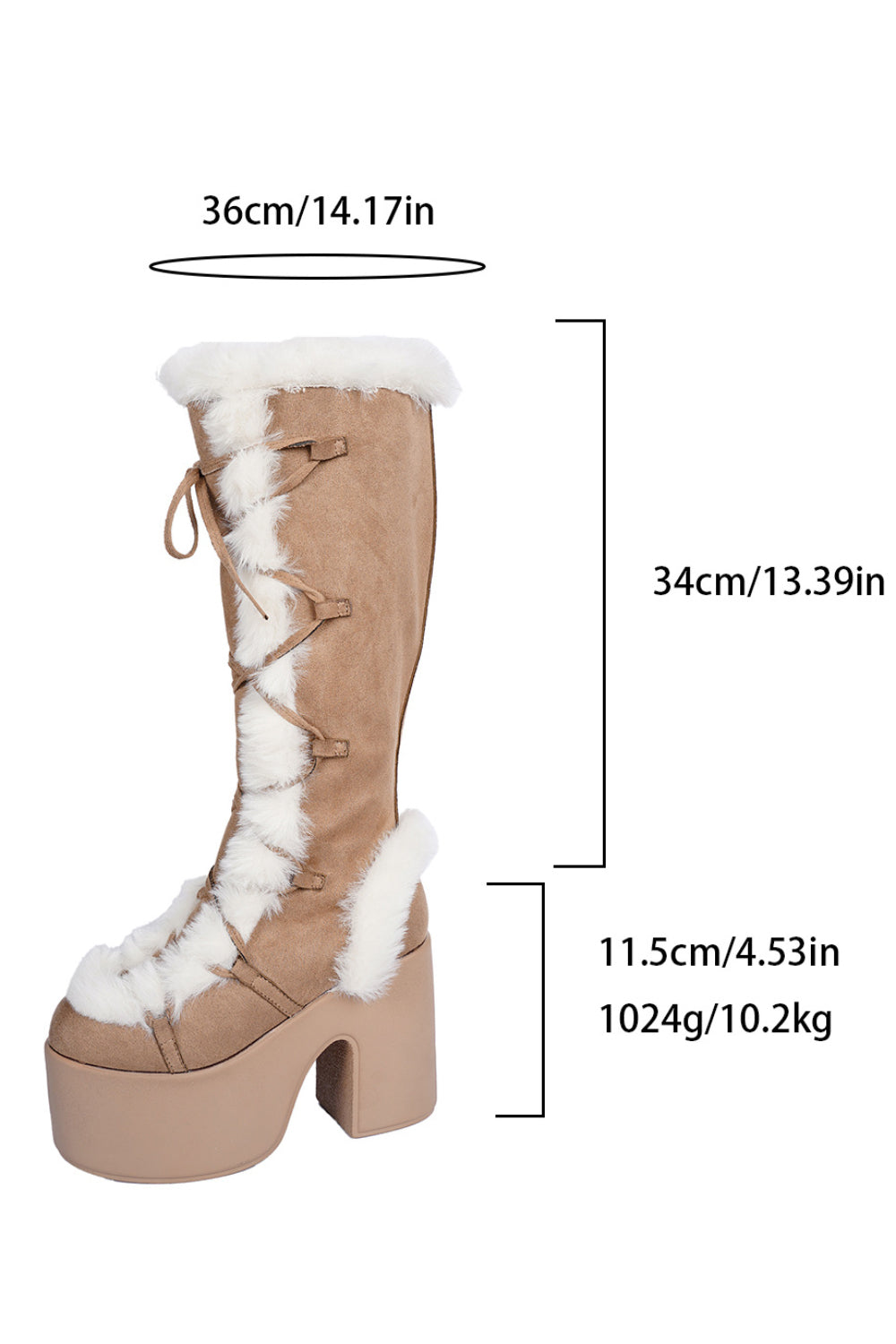 Daily Khaki Faux Fur Patchwork Platform Lace Up Chunky Heel Knee High Boots