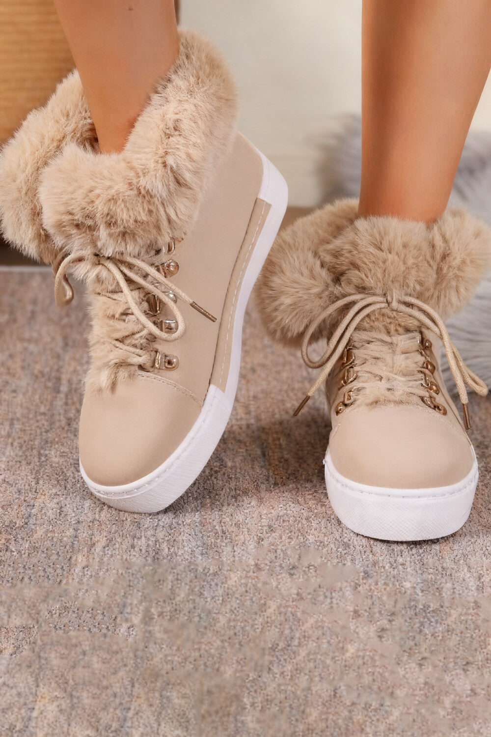 Daily Green Fuzzy Plush Lined Faux Fur Lace Up Round Toe Ankle Boots