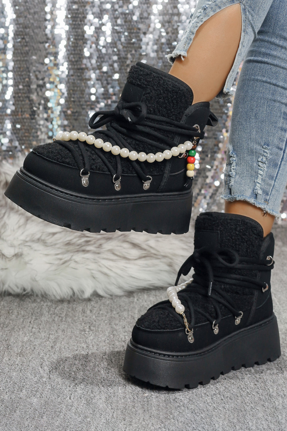 Daily Black Faux Fur Pearl Beads Strap Lace Up Platform Round Toe Boots