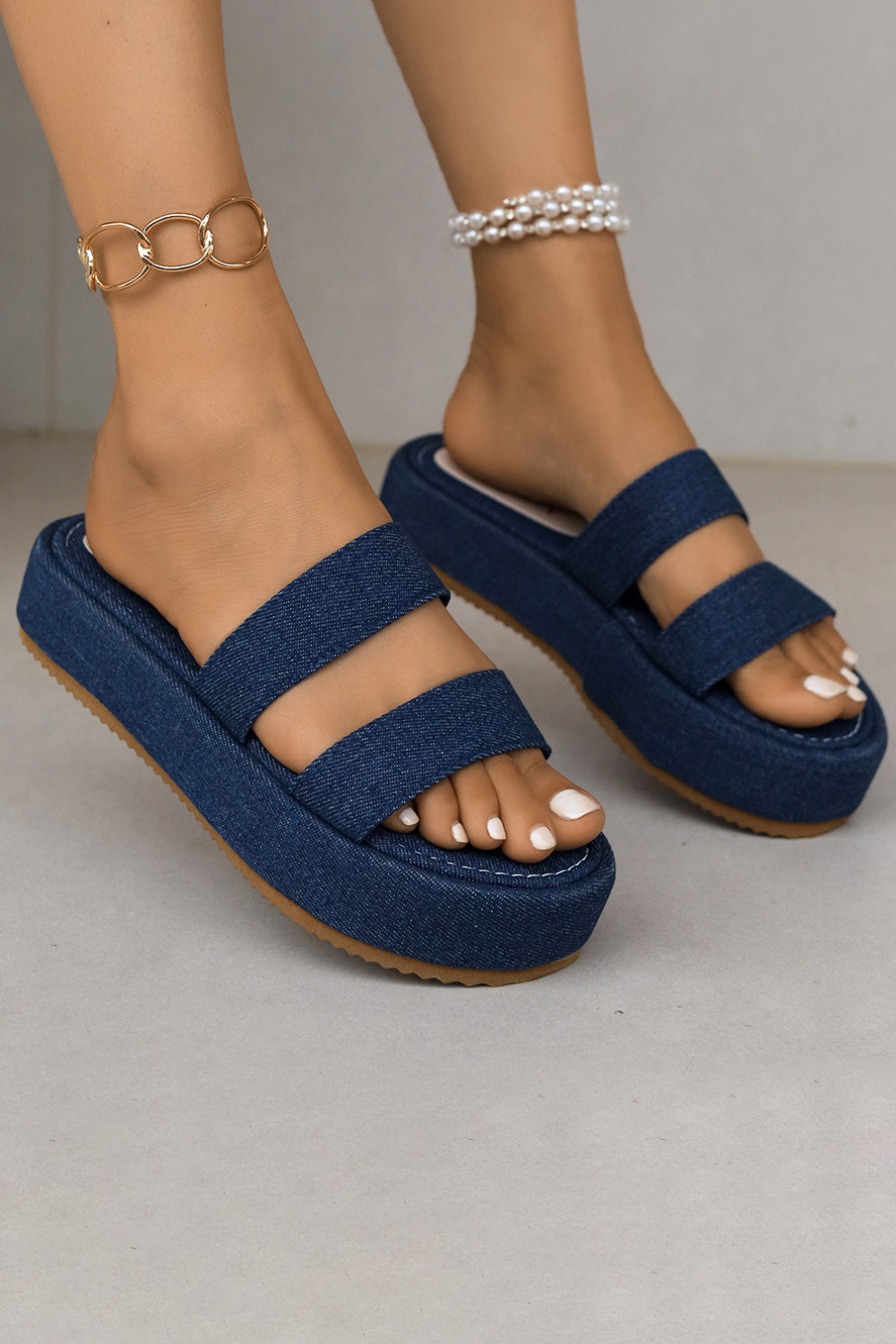 Daily Plain Platform Denim Double Straps Round Toe Slippers