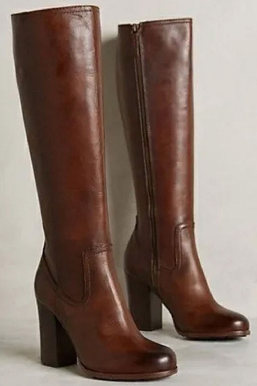 Stitching PU Leather Zipper Round Toe Chunky Heel Knee High Boots