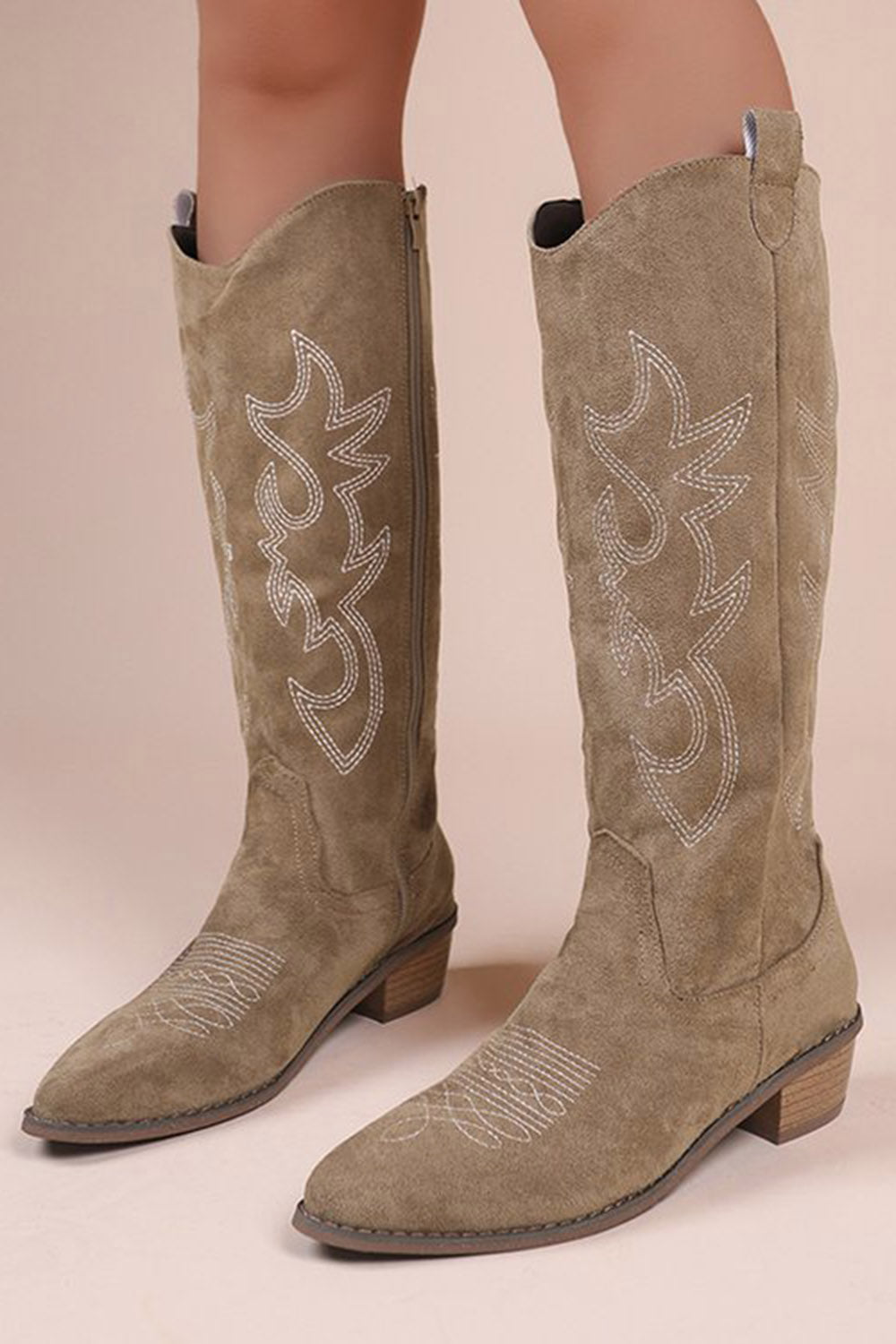 Vintage Khaki Embroidered Pointed Toe V-Cut Boots