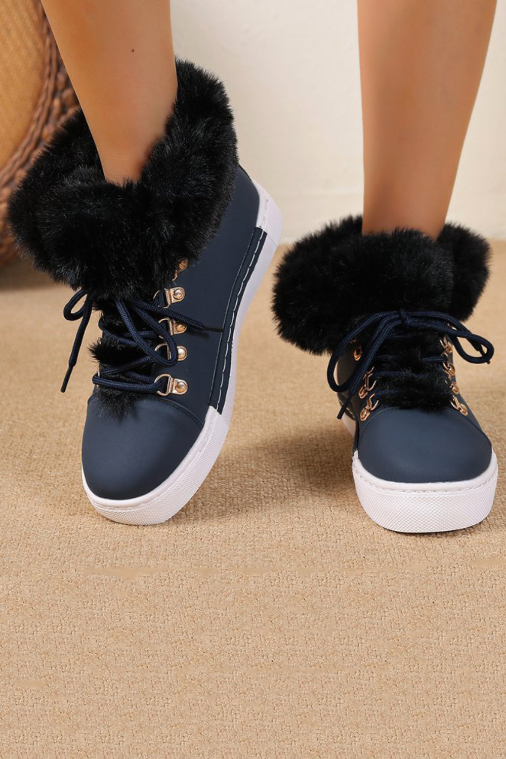 Daily Green Fuzzy Plush Lined Faux Fur Lace Up Round Toe Ankle Boots