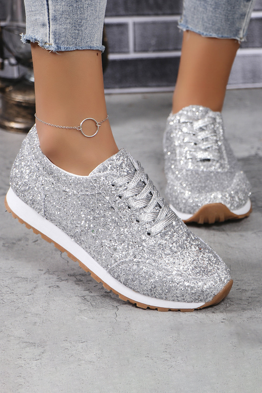 Casual Fashion Sequins Glitter Lace Up Running Shoes Sneakers