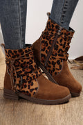 Leopard Print Lace Up Strap Buckle Patchwork Round Toe Boots