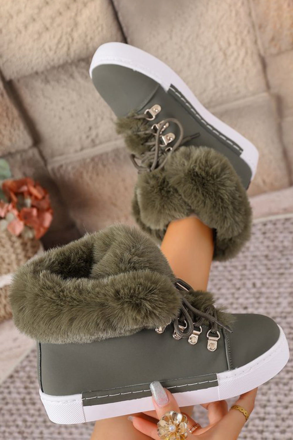 Daily Green Fuzzy Plush Lined Faux Fur Lace Up Round Toe Ankle Boots