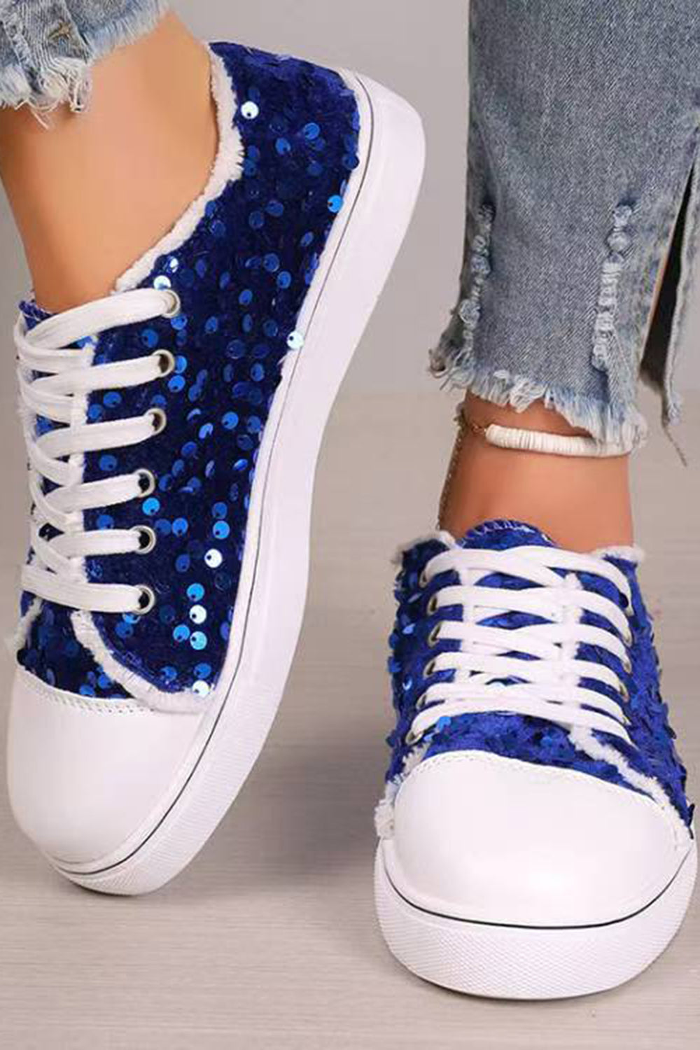 Daily Red Flat Bottom Lace Up Sequin Casual Shoes