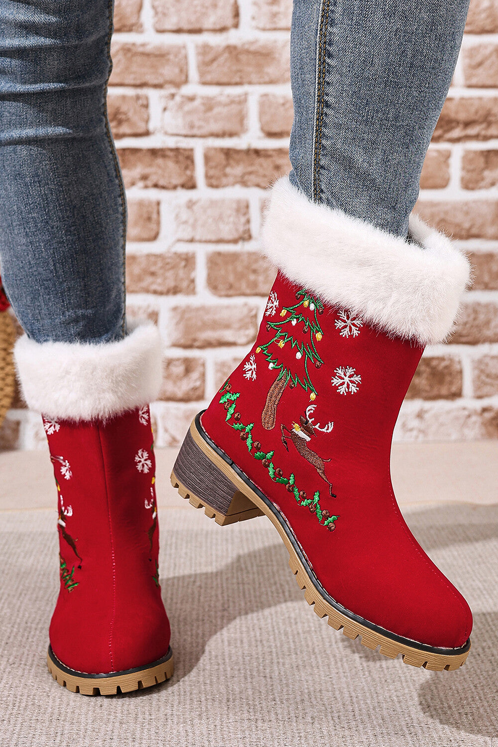 Christmas Red Reindeer Snowflake Tree Pattern Thick Heel Boots
