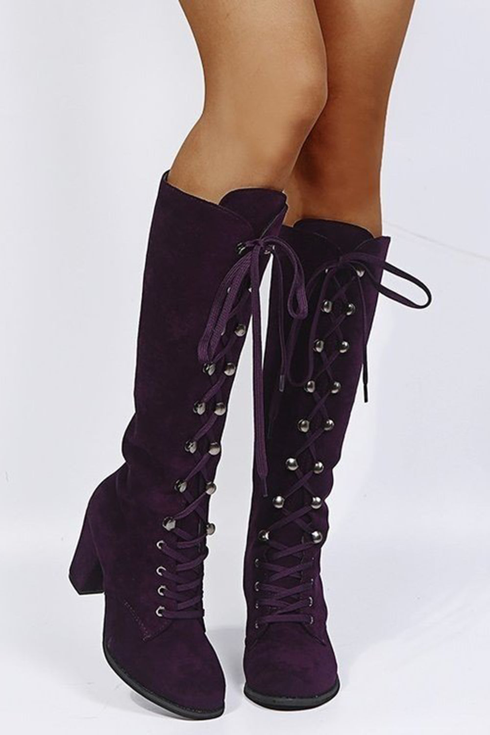 Vintage Black Lace Up Chunky Heel High Top Boots
