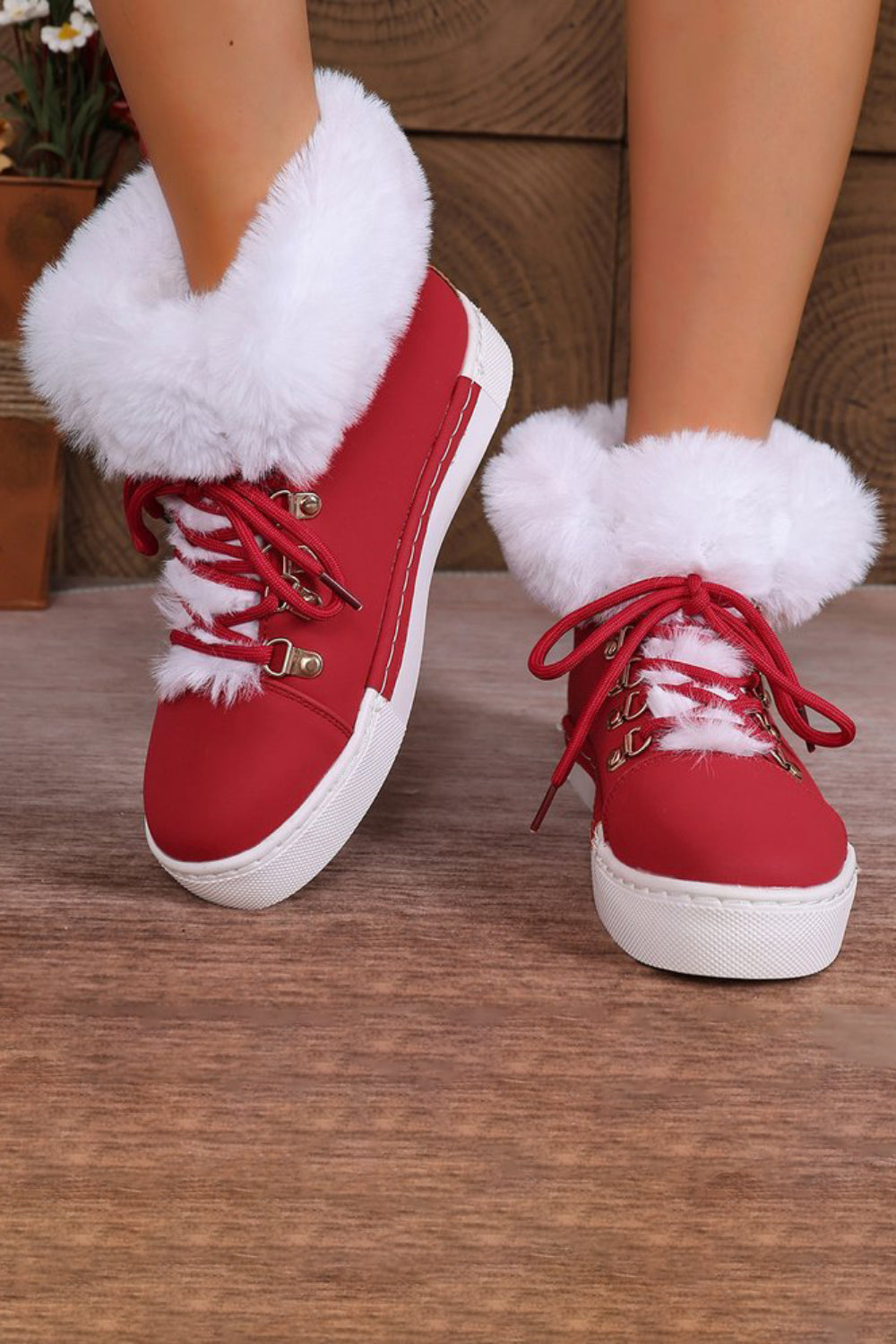 Daily Green Fuzzy Plush Lined Faux Fur Lace Up Round Toe Ankle Boots