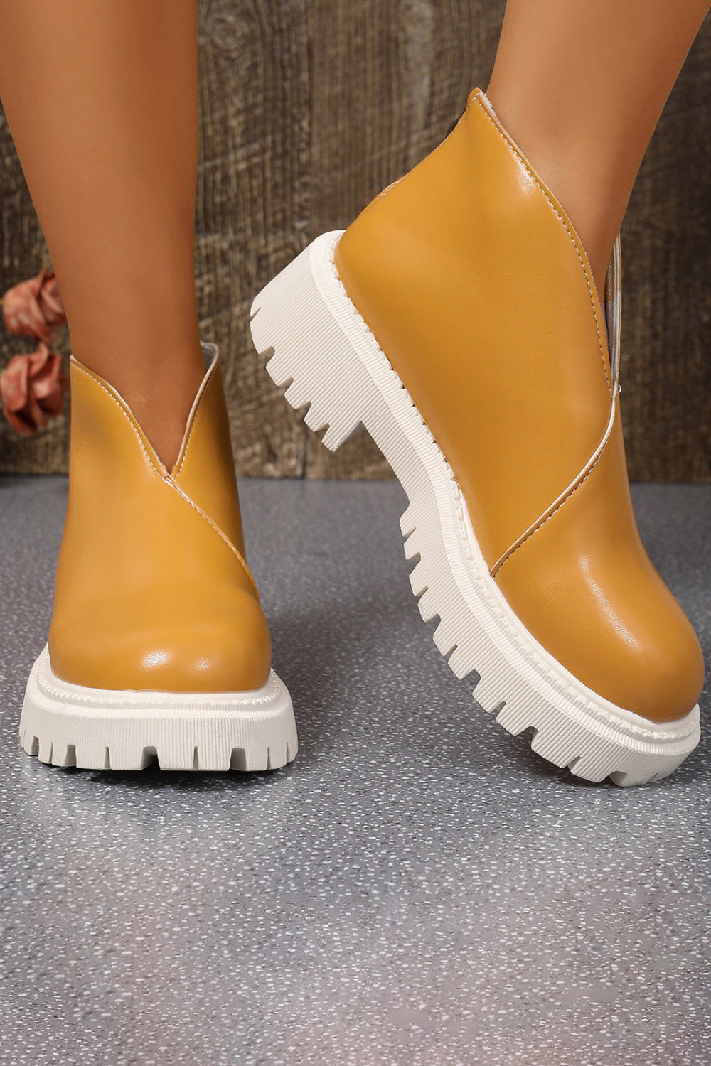 Platform V Cut Round Toe Back Zipper Ankle Boots