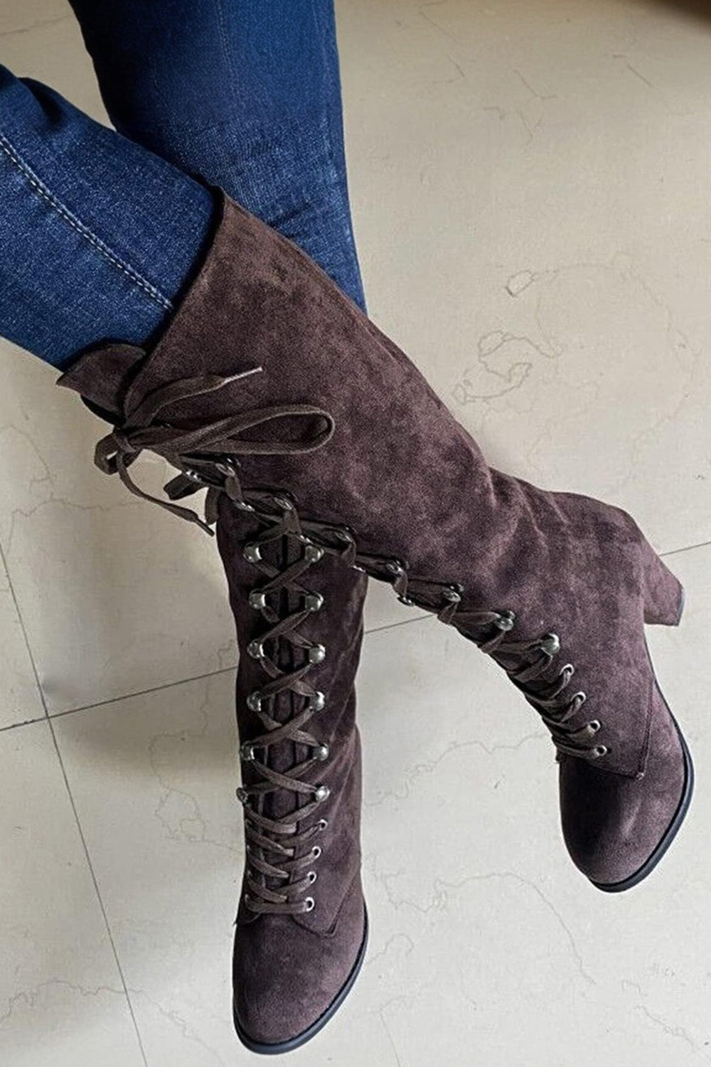 Vintage Black Lace Up Chunky Heel High Top Boots