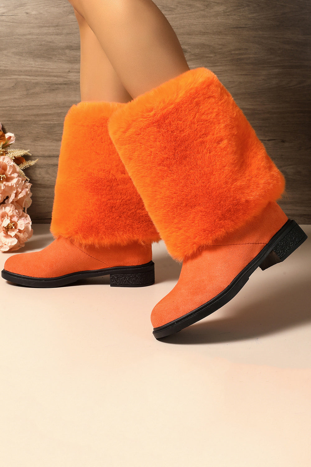 Daily Orange Plain Faux Fur Foldover Round Toe Block Heel Mid Calf Boots