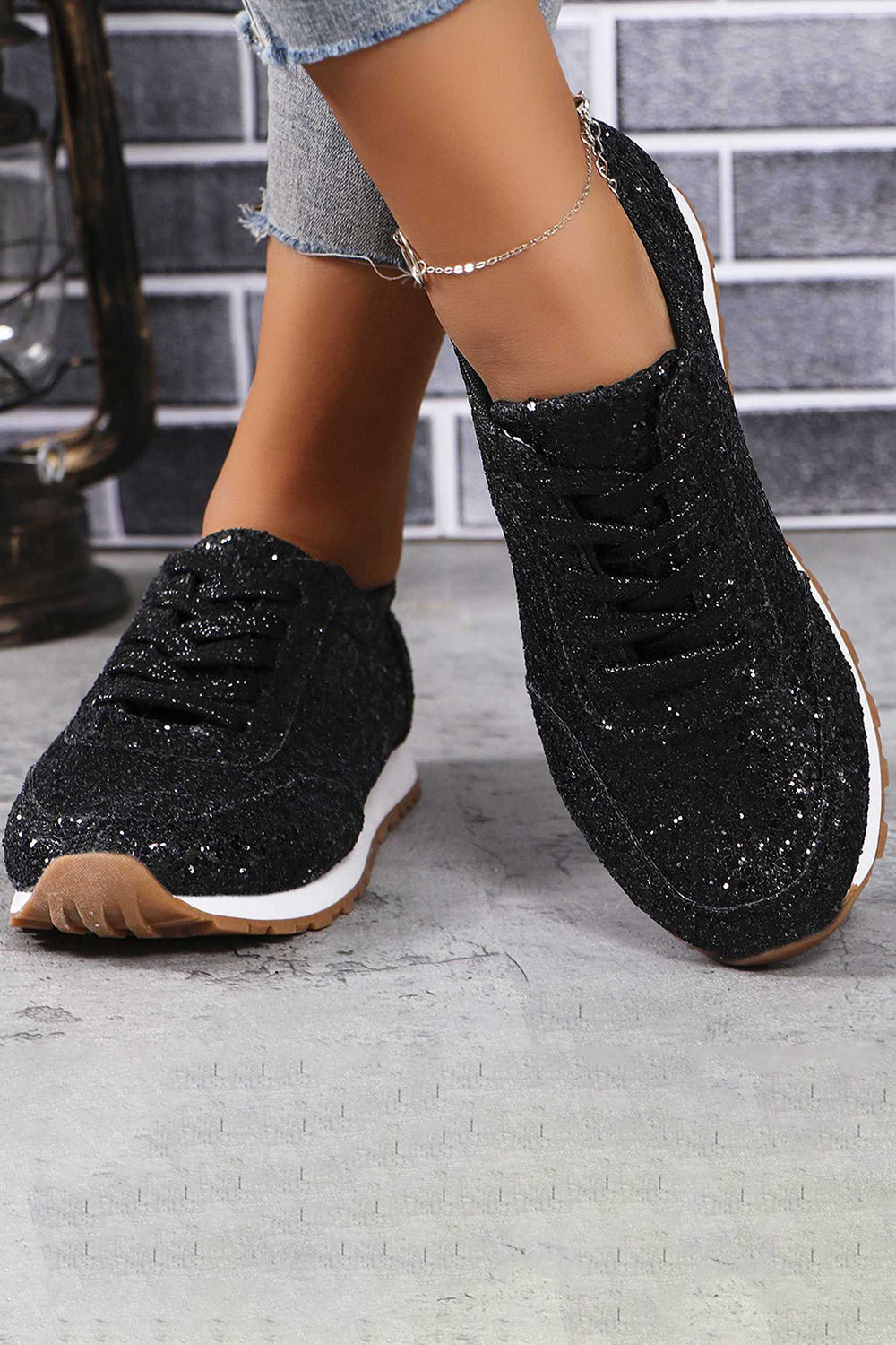Casual Fashion Sequins Glitter Lace Up Running Shoes Sneakers