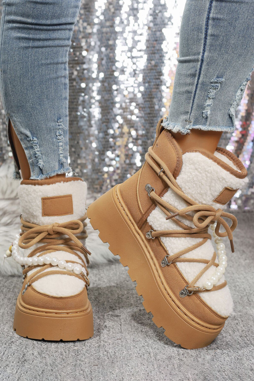 Daily Black Faux Fur Pearl Beads Strap Lace Up Platform Round Toe Boots